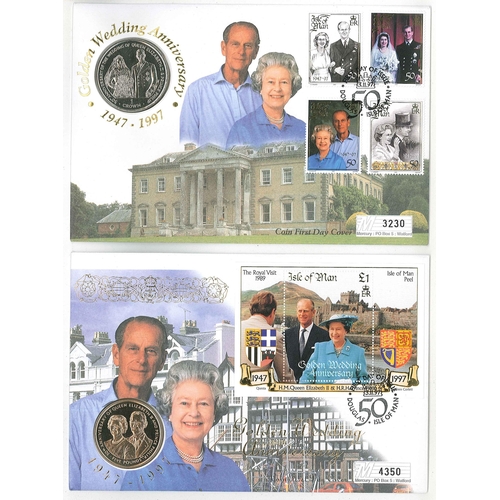 2314 - Isle of Man PNCs; 1997 Golden Wedding FDCs for set and m.s., one with crown coin, other with £5 coin... 