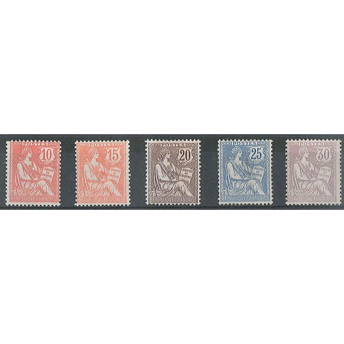 159 - France; 1902 Mouchon set (5) mixed m.m. - 10c good m.m., 15c good m.m., 20c m.m. (gum thins), 25c lo... 