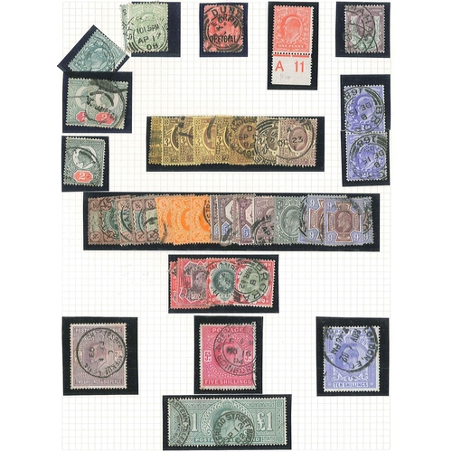 289 - UK; 1902-13 page of mixed used KE7, with dupl. values to 1/-, 2/6 fair u., 5/- and 10/- good sound u... 