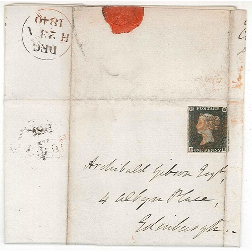 349 - Scottish Postal History; 1840 (23 Dec.) local Edinburgh entire with Penny Black DH plate 5 (4 uneven... 