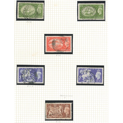 308 - UK; 1936-51 m. & u. on pages inc. 1939-48 £1 u.m., 1946 Victory 3d “Extra Berry” m.m., a few use... 