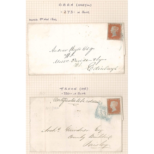 354 - Scottish Postal History; 1845-57 seln. of covers (9) and pieces (9) with coloured cancels, all eithe... 