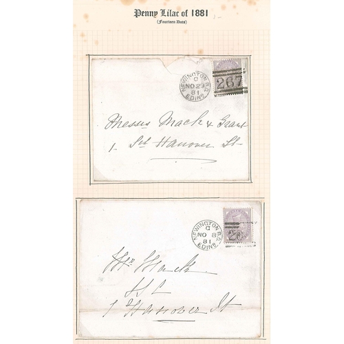 357 - Scottish Covers; 1881 Penny Lilac with 14 dots seln. of fourteen, each used on cover with Edinburgh ... 