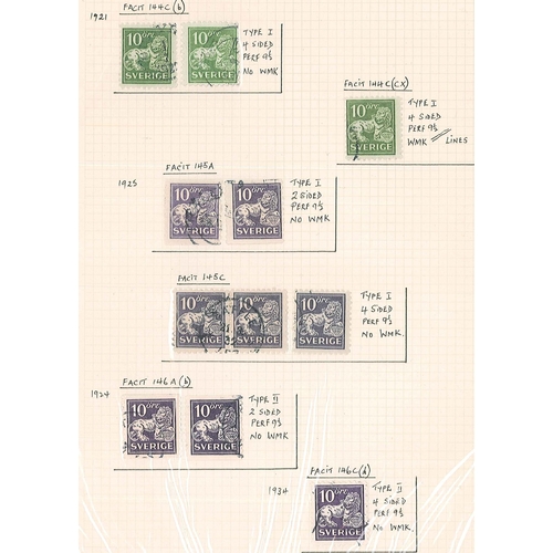 251 - Sweden; 1920-34 small specialised study of the Standing Lion issue, all but one used, written-up on ... 