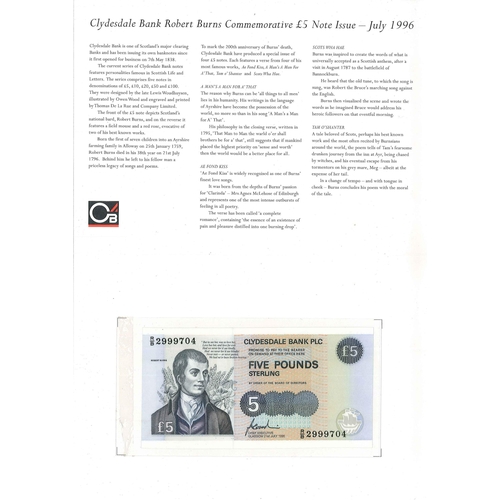 1076 - Banknotes; Scotland; Clydesdale Bank; 1996 Robert Burns £5 note (Ae Fond Kiss verse) laminated... 