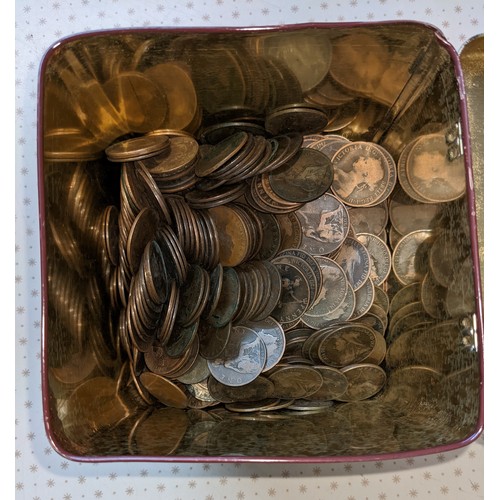 75 - Coins; UK; a big Bisto tin with Queen Victoria pennies, all in worn condition. Net weight 8.4kg.... 