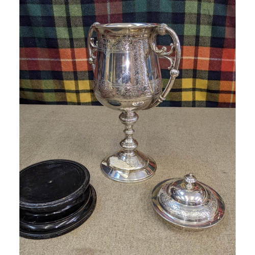 110 - Trophies; traditional old-fashioned silver-plated double-handled cup with lid. Height 32cm (39cm wit... 