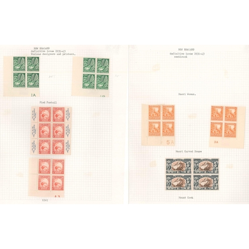 220 - New Zealand; 1936-42 pictorial defins with multiple watermark seln. of values in m.m. fourblocks of ... 