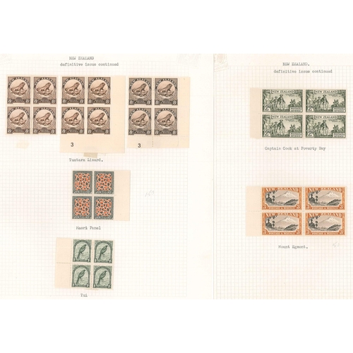 220 - New Zealand; 1936-42 pictorial defins with multiple watermark seln. of values in m.m. fourblocks of ... 