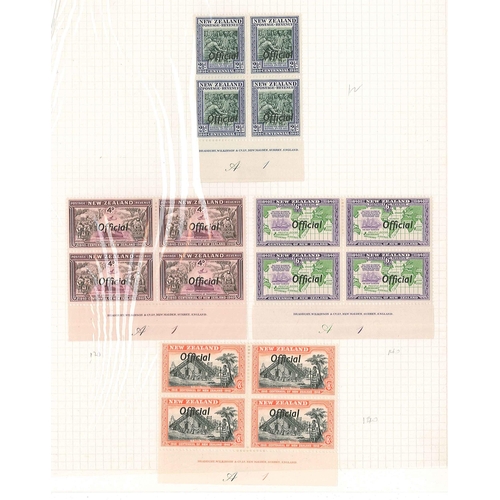 222 - New Zealand; Officials; 1940 Centennial set (11) in mint fourblocks (the 1/- as four-strip), mainly ... 