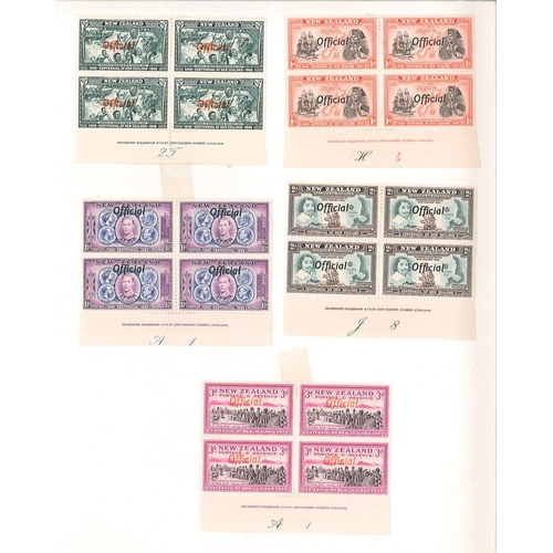 222 - New Zealand; Officials; 1940 Centennial set (11) in mint fourblocks (the 1/- as four-strip), mainly ... 