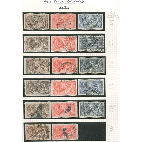 295 - UK; 1913-19 Seahorses 2/6 (12), 5/- (12), and 10/- (10), from a variety of printings and showing var... 