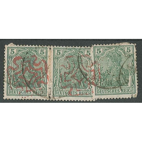 2864 - UK Postal History; three German Germania 5pf stamps with normal postmarks, plus two strikes of UK Ma... 