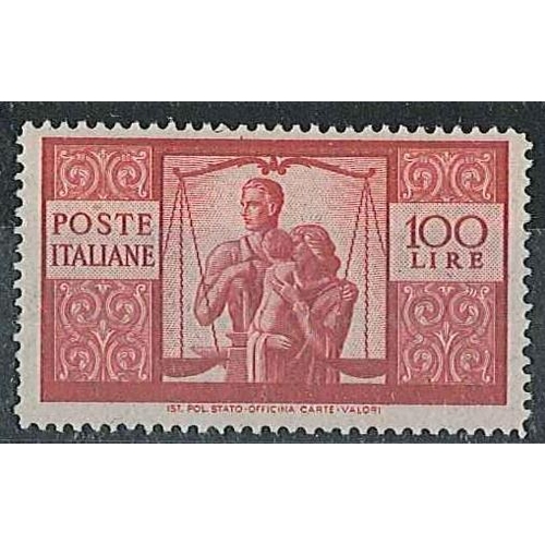 1917 - Italy; 1945 100lire SG 669 l.m.m., centred just a little high, one short perf at left. SG 669, cat.&... 