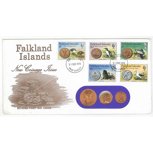 1562 - Falkland Islands; 1975 Coinage FDC with 2p, 1p, and ½p coins. Dented corner.