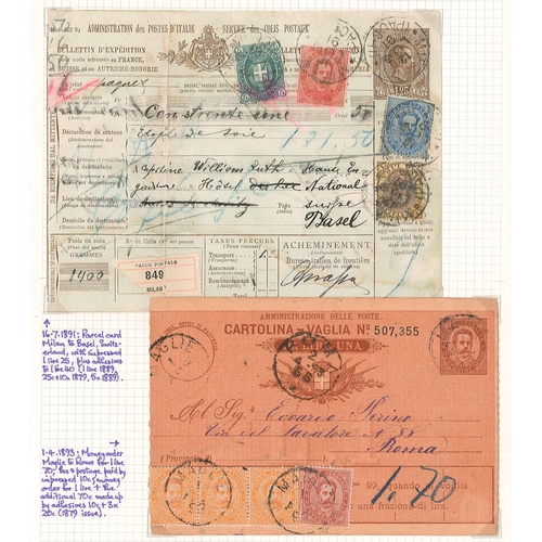 1905 - Italy; 1891 parcel card Milan to Basel with pre-printed 1l25 stamps plus four adhesives (faults), an... 