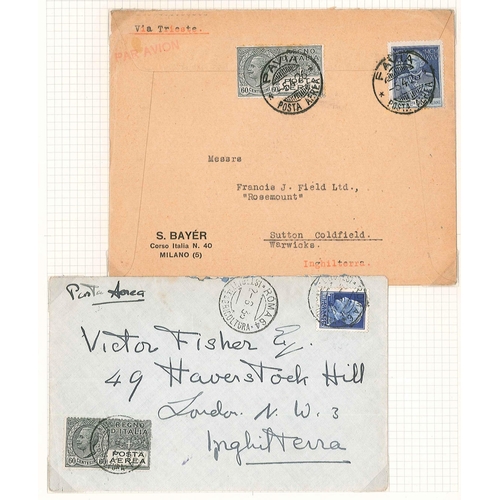 1908 - Italy; 1926 and 1936 two airmail covers, each with 1926 Air 60c and another adhesive. Tone spots on ... 