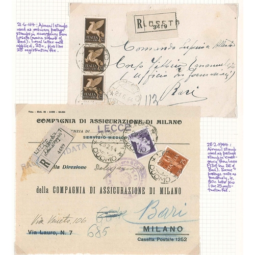 1916 - Italy; 1944 two covers with airmail stamps used in emergency as normal postage stamps. One is Loseto... 