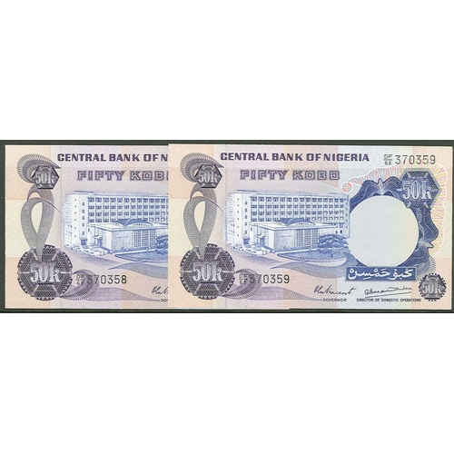 1047 - Banknotes; Nigeria; 1973-78 50k (signature 4) - two consecutive notes EF. Krause 14d.... 