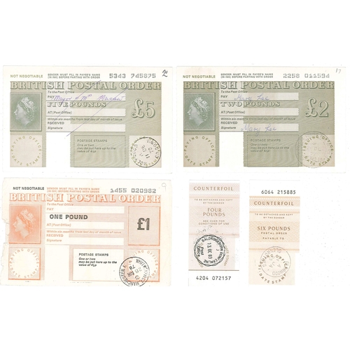1050 - Postal Orders; 1970 £5, 1975 £1, 1976 £2, 1977 £2, 1978 £1 (poor), and... 