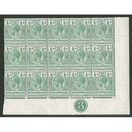 1393 - British Solomon Islands; 1922-31 ½d u.m. plate block of 15. SG 39, cat.50p each as odds.... 