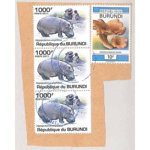 1405 - Burundi; 2011 1,000f Hippopotamus vertical 3-strip (one blunt corner) used on piece.... 