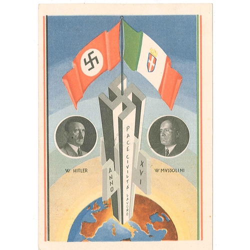 1913 - Italy; 1938 Hitler-Mussolini postcard with three stamps on reverse cancelled by 