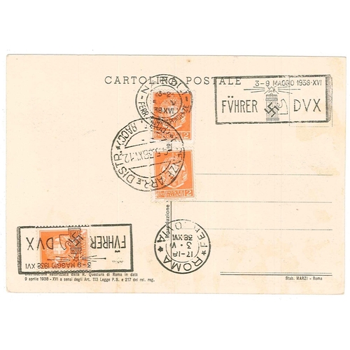 1913 - Italy; 1938 Hitler-Mussolini postcard with three stamps on reverse cancelled by 