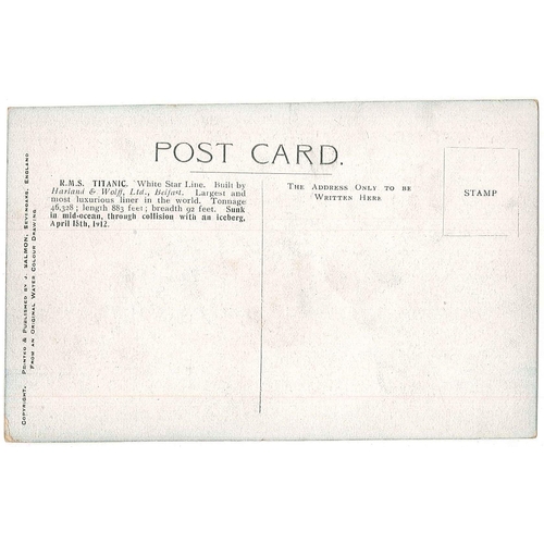 1164 - Postcards; Shipping; unused coloured card of  R.M.S. Titanic published by J. Salmon.... 