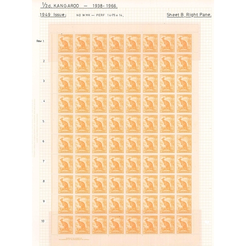 105 - Corrected DescriptionAustralia; 1948-56 ½d Kangaroo complete pane of 80 u.m. including one with the ... 