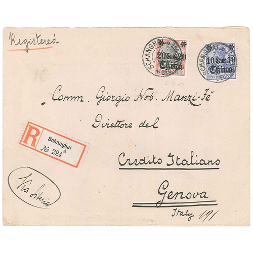 193 - German Post Offices in China; 1907 registered cover to Italy franked with 1905 10c and 20c adhesives... 