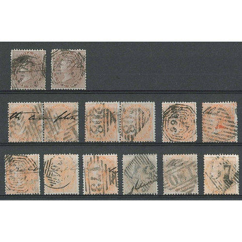 209 - India; 1855 4a on blued paper (8), 1856-64 1a (2), 2a (8, and 2 pairs), 4a black (4, one of which is... 