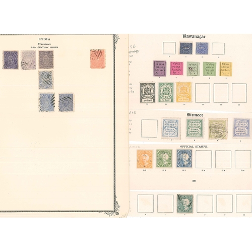 216 - Indian States; several old pages, or fragments of pages, with mixed Feudatory States stamps in varie... 