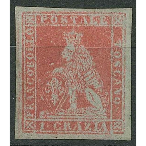 231 - Italian States; Tuscany; 1851-52 1 crazia carmine fine mint. Four good margins, almost full gum, hea... 