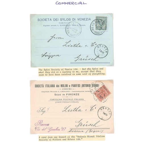 234 - Italy; 1890s-1930s interesting collection of printed postcards written-up on pages. Mainly commercia... 