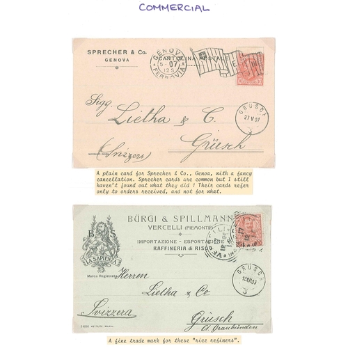 234 - Italy; 1890s-1930s interesting collection of printed postcards written-up on pages. Mainly commercia... 