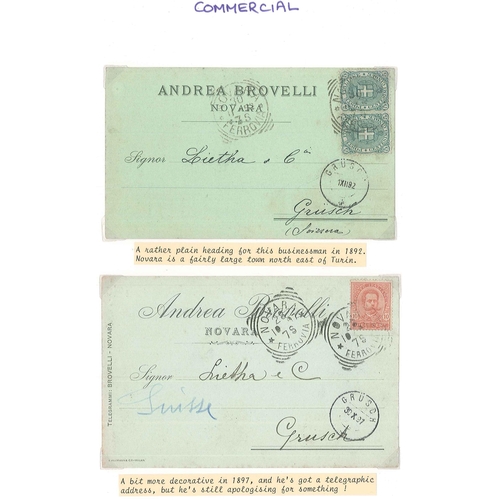 234 - Italy; 1890s-1930s interesting collection of printed postcards written-up on pages. Mainly commercia... 