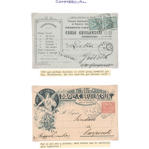 234 - Italy; 1890s-1930s interesting collection of printed postcards written-up on pages. Mainly commercia... 