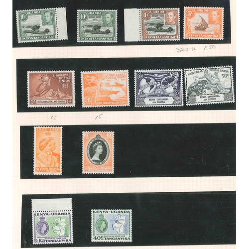 241 - Kenya, Uganda, and Tanganyika; 1896-1958 mint and used small colln. on five pages. Includes KG6 defi... 