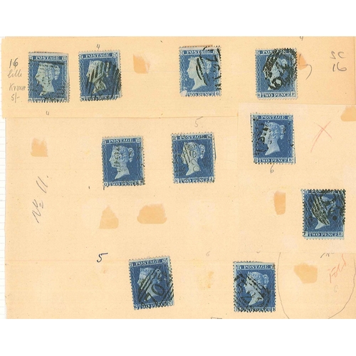 349 - UK; 1854-58 selection of used Twopence Blue Stars on old pages, mainly LC14 (one SC14 seen). Mixed c... 