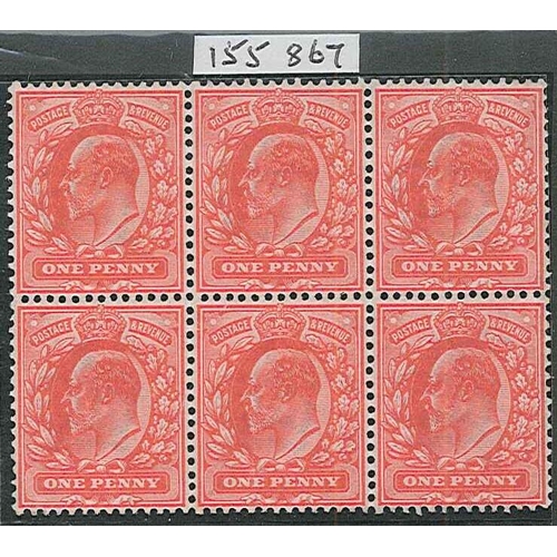 368 - UK; 1902-13 (1911) KE7 1d rose-carmine unmounted mint six-block. An attractive block but with faults... 