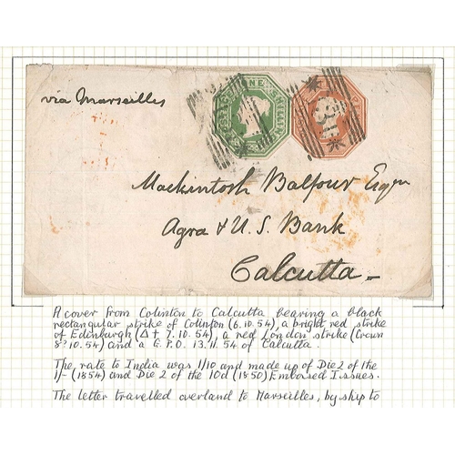 399 - Scottish Postal History; 1854 cover Edinburgh to Calcutta franked with 1847-54 Embossed 10d and 1/- ... 