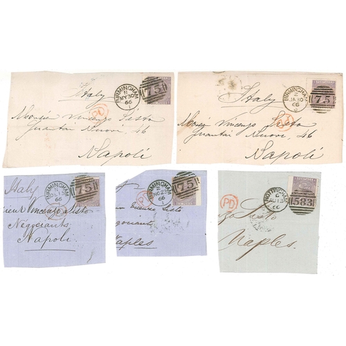 409 - UK Covers; c.1864-71 small bundles of fronts (or large pieces) to Italy all with 6d adhesives, compr... 