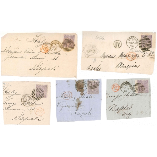 409 - UK Covers; c.1864-71 small bundles of fronts (or large pieces) to Italy all with 6d adhesives, compr... 