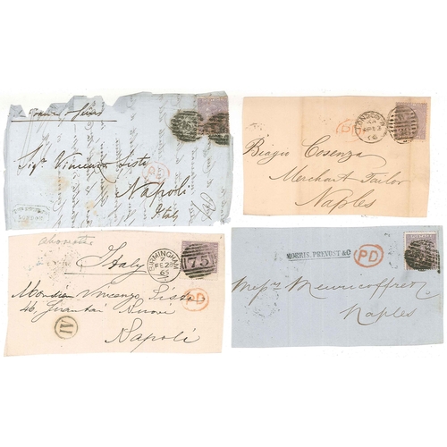 409 - UK Covers; c.1864-71 small bundles of fronts (or large pieces) to Italy all with 6d adhesives, compr... 