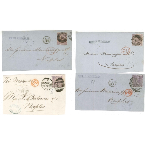 409 - UK Covers; c.1864-71 small bundles of fronts (or large pieces) to Italy all with 6d adhesives, compr... 