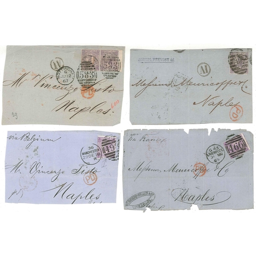 409 - UK Covers; c.1864-71 small bundles of fronts (or large pieces) to Italy all with 6d adhesives, compr... 