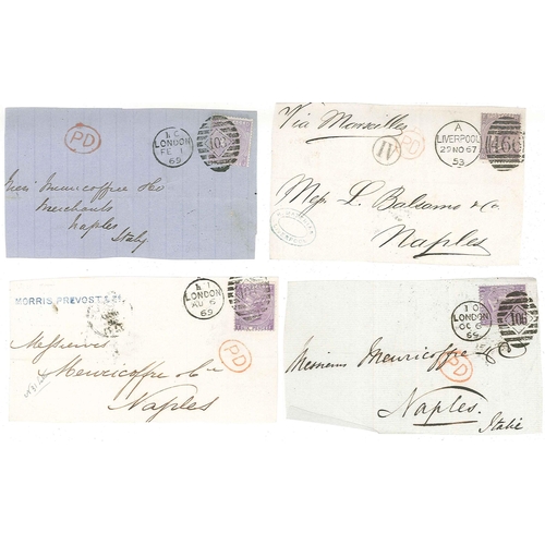 409 - UK Covers; c.1864-71 small bundles of fronts (or large pieces) to Italy all with 6d adhesives, compr... 