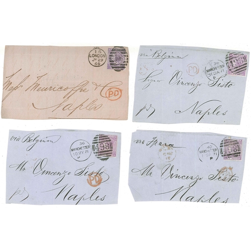 409 - UK Covers; c.1864-71 small bundles of fronts (or large pieces) to Italy all with 6d adhesives, compr... 