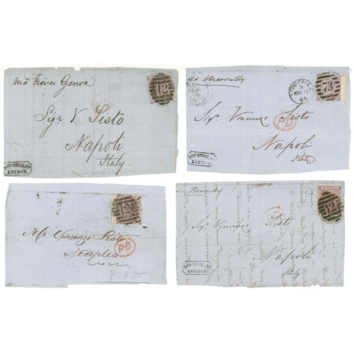 409 - UK Covers; c.1864-71 small bundles of fronts (or large pieces) to Italy all with 6d adhesives, compr... 